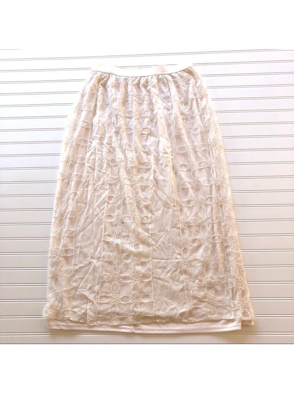 Vintage 90s Lace Maxi Skirt Cream Off White Boho Romantic Lined Long Size 14
